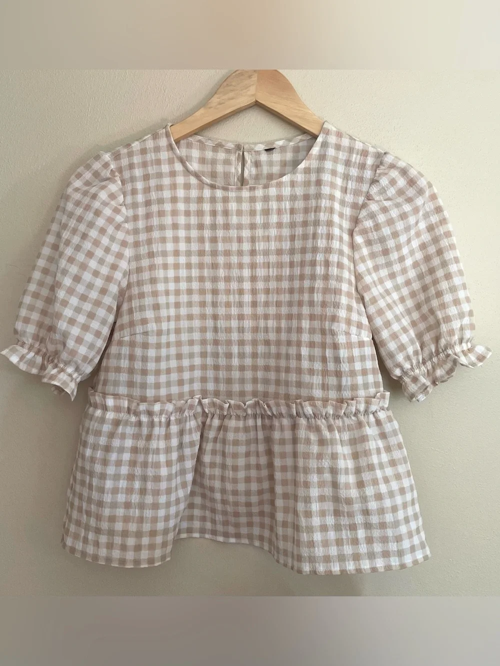 Beige Gingham Peplum Top